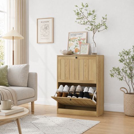 Schuhschrank 60 cm, Eichenfarbe, 2 Klappen, Mid-Century-Modern-Stil OKMYHOME (1/5)