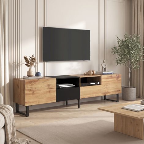 Meuble TV Banc TV 190x38x48cm avec 2 Portes et 2 Tiroirs Rangement Spacieux en Bois Style Moderne Noir et Bois Naturel (1/5)