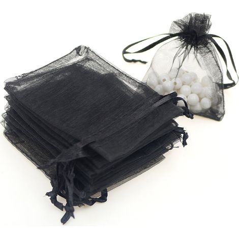 100 Organza-Geschenktüten, 9 x 12 cm (3,6 x 4,8 Zoll), Beutel mit Kordelzug, Schmuckbeutel, Gastgeschenktüten, Hochzeitsgeschenktüten, Bonbontüten. (Schwarz) (1/5)