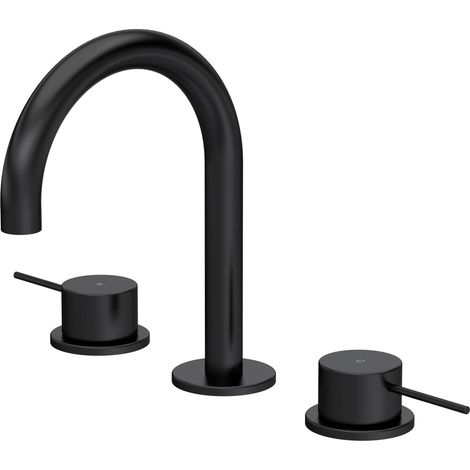 Penkhull Contemporary 3 Tap Hole Basin Mixer Tap with Curved Spout and Minimalist Lever Handles, Matt Black (1/2)