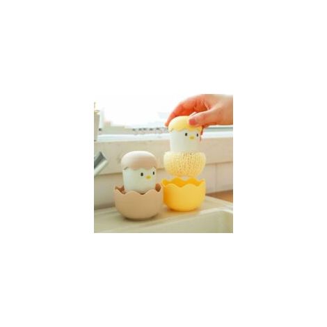 Brosse à récurer de cuisine avec motif de poulet en coquille d'œuf de dessin animé avec boule de nettoyage en fibre ForNano et poignée intégrée pour un nettoyage efficace des casseroles et poêles (ros (1/4)