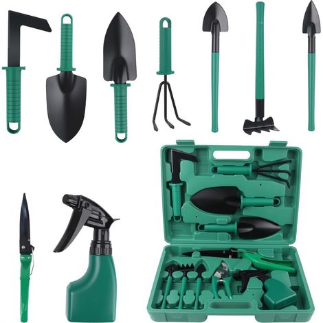 Set di attrezzi da giardinaggio da 10 pezzi - Set di attrezzi da giardino professionali con scatola portaoggetti - Diserbante - Forbici da potatura - Annaffiatoio - 10 pezzi (1/3)