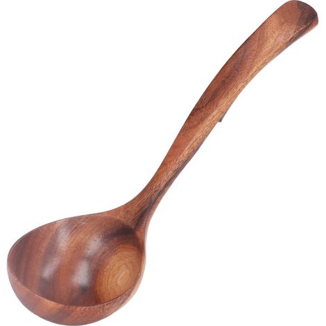 Louche à long manche en bois d'acacia, cuillère à soupe de service, ustensile de cuisine à la texture naturelle, taille L (1/5)