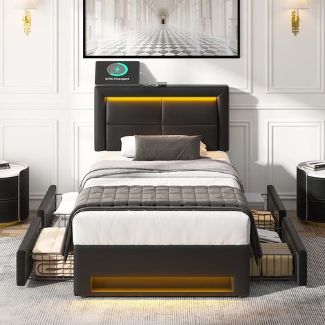 Cama tapizada juvenil con LED USB y 4 cajones negra OKMYHOME (1/5)