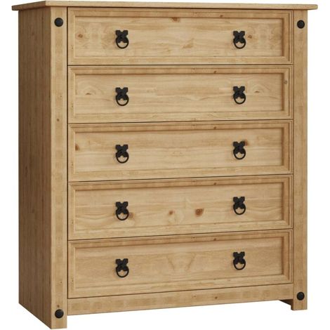 Commode rustique 5 tiroirs en pin massif – Dimensions H 90 x L 80 x P 41 cm – Finition cirée vieillie pour chambre