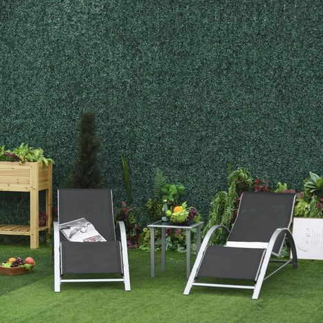 Outsunny Gartenliege Set Metall Mesh 3-TLG. Sonnenliege mit Teetisch Gartengarnitur mit 2 Sonnenliegen, 1 Beistelltisch Gartensitzgruppe für Garten, Balkon 59B x 169T x 66H cm Schwarz+Silber