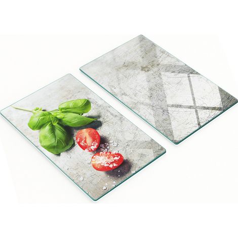 Tablas de cortar de cristal para cocina con estampado de tomates y albahaca, 2 x 30 x 52 cm.