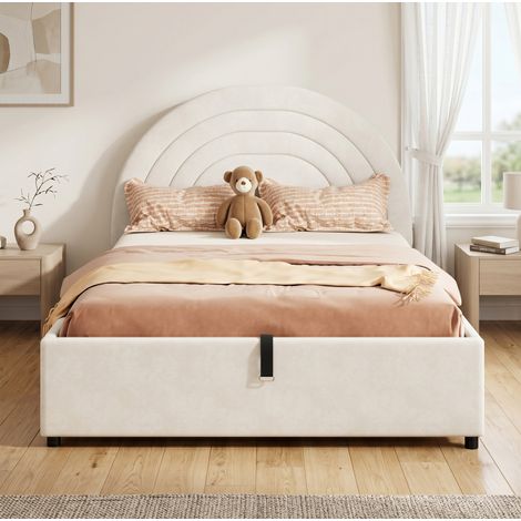 DESVIAE Lit enfant capitonné avec rangement hydraulique tête de lit rembourrée sommier à lattes design matelas intégré 140 x 200 cm beige (1/5)