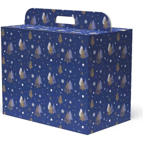 Boîte en carton bleu avec sapins, 43x26x34 cm (lot de 5)