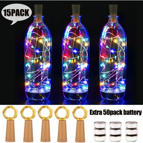 15 Stück LED Flaschenlicht with Batterry, 20 LEDs 2M Kupferdraht Weinflasche Lichter, mit Kork Schnurlicht Kupferdraht für DIY Deko Weihnachten Party Urlaub, Stimmungslichter (Farbe) (1/5)