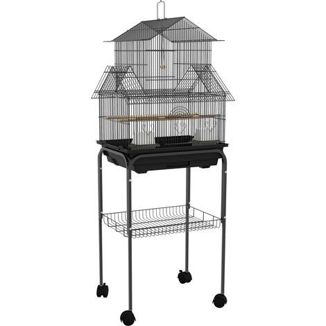 Cage à oiseaux design avec maison, mangeoires et perchoirs, 3 portes, plateau à excréments amovible + poignée de transport, noir (1/5)