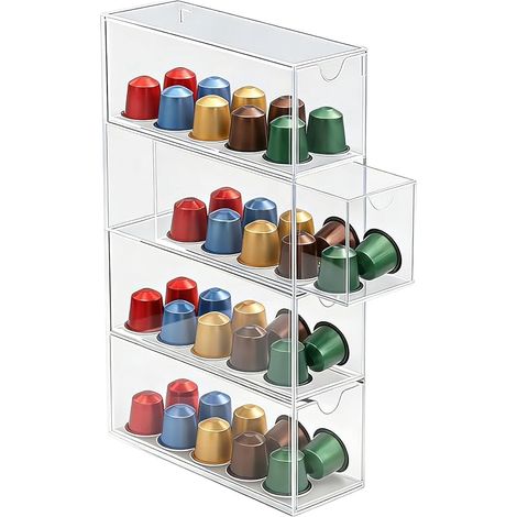 Porte-Capsules en Acrylique Transparent avec 4 Tiroirs, Organisateur de Capsules de Café pour Cuisine et Bureau, Boîte de Rangement, 24,6 x 17,5 x 6,3 cm (1) (1/5)