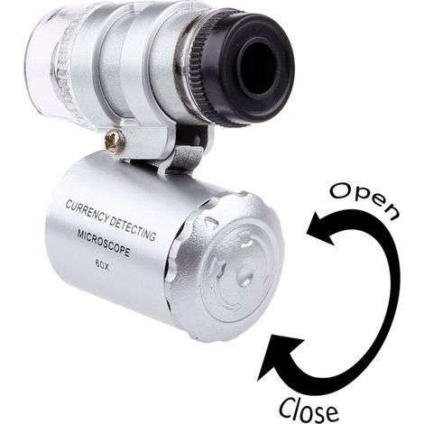 Mini lente d'ingrandimento UV LED 60X, lampada da gioielliere con lampada a LED, microscopio tascabile portatile per ispezione e identificazione di banconote, lente d'ingrandimento antica a forma di f (1/5)