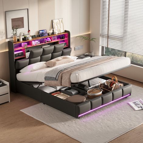 JOOKGBD–Letto a Contenitore 140x200 cm,Letto Matrimoniale Imbottito,Contenitore Idraulico,Illuminazione LED,Porta USB,Rete a Doghe,PU,Nero
