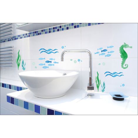 Sticker mural Aquarelle Marine avec Hippocampe, Poissons et Algues, 48 cm X 68 cm, Autocollant Décoratif pour Murs (1/2)
