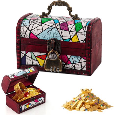 Vintage Mini Coffre Trésor Boite Bois, Coffre au Trésor en Bois avec Serrure à Combinaison, Petit Coffre de Pirate, Tirelire, Boîte à Bijoux, pour conservation et décoration, Coloré (1/5)