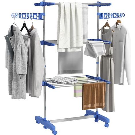 Étendoir à linge. 4 niveaux, pliable, système de pliage en un clic, 142 cm x 55 cm x 152 cm, bleu et argent (1/5)