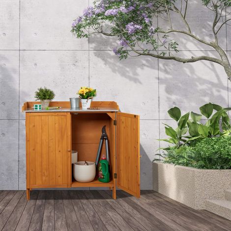 Banco da giardinaggio in legno con mobiletto e piano in peltro