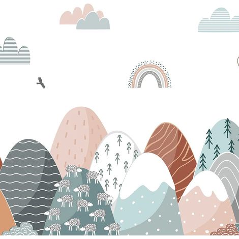 papier peint panoramique des montagnes et des animaux mignons blanc, bleu clair et rose - Sanders & Sanders (1/5)