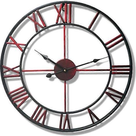Horloge de jardin extérieure, horloge murale de jardin, grande horloge à chiffres romains, horloge en fer, horloge d'extérieur rouge foncé (1/5)
