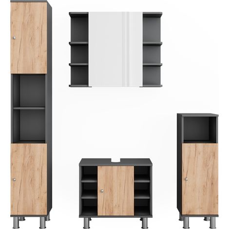 Conjunto de muebles de baño Fynn, Antracita/roble dorado, 4 partes, Vicco