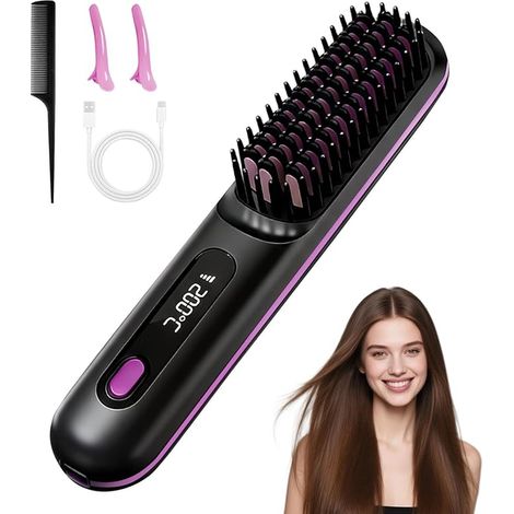 Spazzola Termica Portatile Senza Fili Mini Piastra per Capelli e Barba Corta con 3 Temperature Display LCD Pettine Lisciante in Ceramica per Viaggio Ritocco Donna Tutti i Tipi di Capelli (1/2)