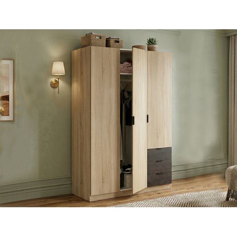 Dmora Guardarropa Allentown, Armario dormitorio con 3 puertas y 3 cajones, Mueble con barra perchero y 3 baldas, cm 121x52h180, Roble y Óxido, con embalaje reforzado (1/5)