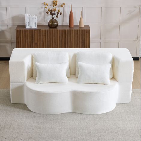 Canapé convertible modulare in tessuto effetto peluche bianco, pieghevole in schiuma ad alta densità (1/5)