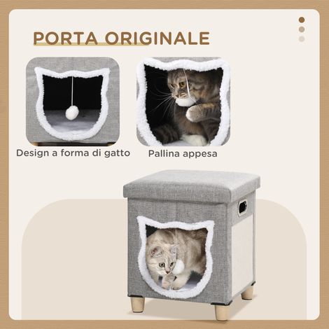 Maison pour chat avec griffoir, coussin et balle, en bois et polyester, 35,5 x 35,5 x 42,5 cm, crème et gris (1/4)