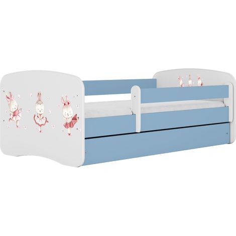 Lit enfant et junior 70 x 140 cm avec tiroir et barrière amovible, motif Lapin et papillons, bleu (1/4)