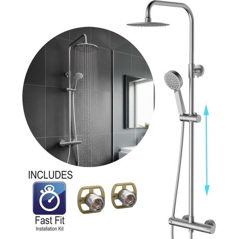 Round Brushed Nickel Thermostatic Dual Control Twin Head Shower Mixer + Fast Fit (1/5)