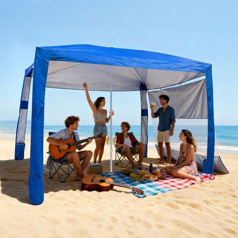 VEVOR Tonnelle de Plage 2,4 x 2,4 m, Abri de Plage avec Parois Laterales et Poches a Sable, Tente Portable pour Camping Exterieur, Protection UPF 50+, Hauteur Reglable, Espace Ombrage Spacieux, Bleu