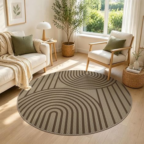Tapis rond 120 cm aspect jute antidérapant lavable pour salon, zones extérieures, marron, tapis minimaliste pour chambre à coucher, salon, chambre d'enfant, balcon et extérieur (1/5)