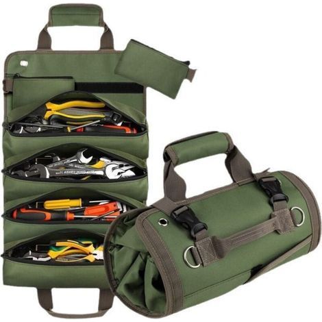 Werkzeugaufbewahrungstasche, robuste Rolltasche mit herausnehmbaren Taschen, faltbare und tragbare Aufbewahrungstasche für Mechaniker und Heimwerker, grün