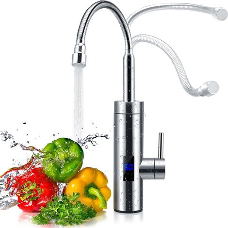 Instantaneous water heater tap, 360° swivel tap, 3000W instant water heater, stainless steel tap with LCD temperature display for kitchen, garden and caravan