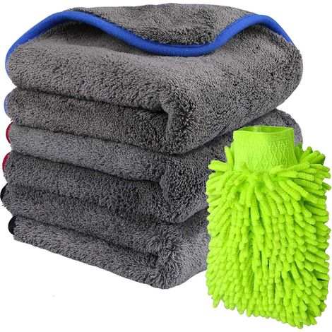 Lot de 3 Chiffons de Nettoyage de Voiture 1000g/m2 Double Couche Ultra épais (42x50CM) et 1 Gant de Nettoyage Imperméable Chenille Super Absorbant Anti-Rayures pour Polissage Lavage (1/5)