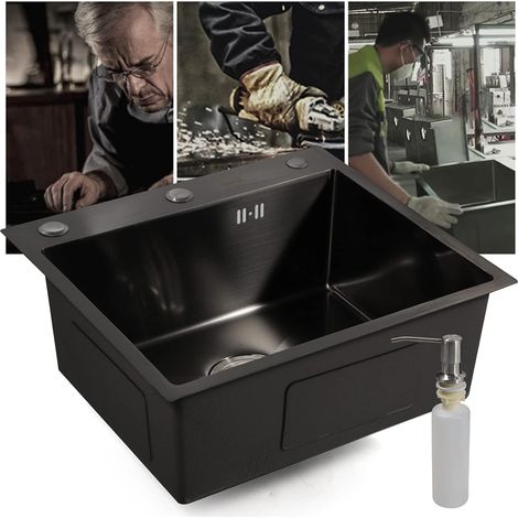 Lavello da cucina, in acciaio inox, nero, 50 x 45 cm, con scolapiatti, senza rubinetto