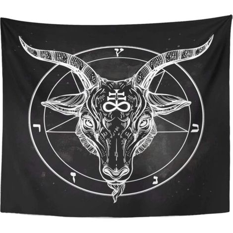 Tenture murale rétro avec pentagramme et tête de bouc démoniaque, symbole binaire, musique rock, été, décoration noire pour motard, idéale salon et chambre, tissu artistique. (1/4)