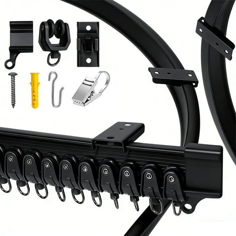Tringle à rideau courbe 2 mètres, rail coulissant en forme de L/U, idéal pour séparation de pièce, inclut 16 clips inox pour rideaux (1/5)