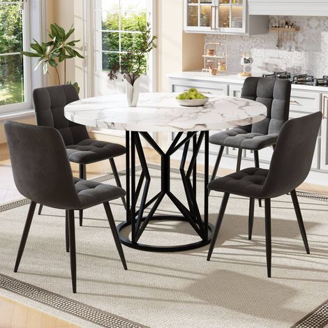 Table à manger ronde 100 cm avec 4 chaises, plateau mdf blanc, chaises en velours gris, set pour 4 personnes (1/5)