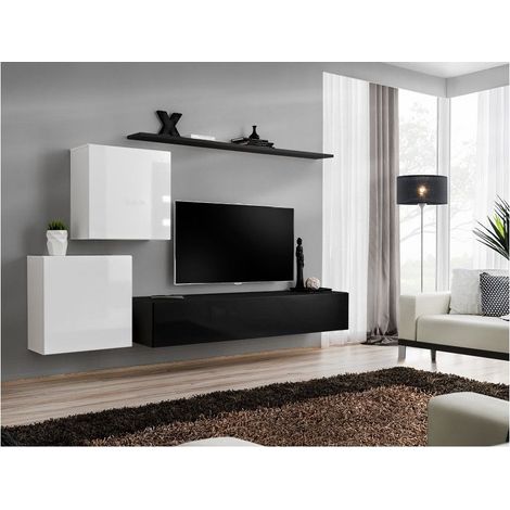Ensemble meuble TV mural  - Switch V - 250 cm  x 150 cm  x 40 cm - Blanc et noir - Livraison gratuite