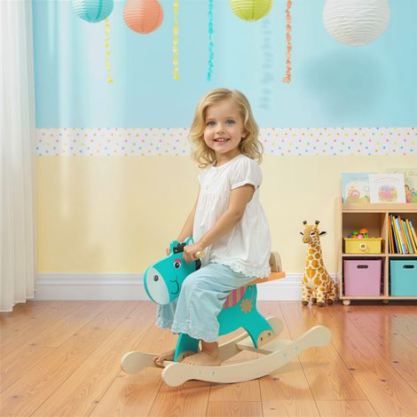 Cheval à bascule pour enfants, jouet à bascule âne pour bébé en bois avec guidon et base stable, 59 x 27 x 43 cm, vert foncé (1/5)