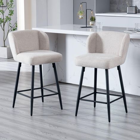 Wahson juego de 2 taburetes de bar modernos – Cojín grueso de lino – Patas metálicas resistentes – Respaldo envolvente para mayor comodidad – Beige