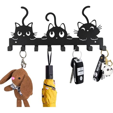 Porte-clés mural avec 8 crochets, crochets pour manteaux noirs et trois crochets pour chats.