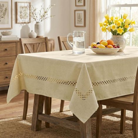 Nappe de style campagne en lin - Géométrique - Khaki - Tissu anti-taches pour la saison - Décoration de cuisine, de fête - 140x110 cm (1/5)