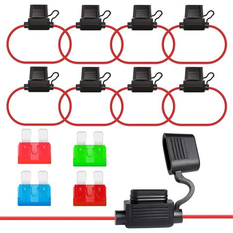 16AWG Porte Fusible Etanche En Ligne Enfichable Porte-fusible 32V 16Awg Fil Porte-fusibles avec 10A 15A 30A 40A Standard Moyen Fusibles Lame pour Voiture Moto (12Pcs dont 8 Fuse Holder 4 Fuse) (1/5)