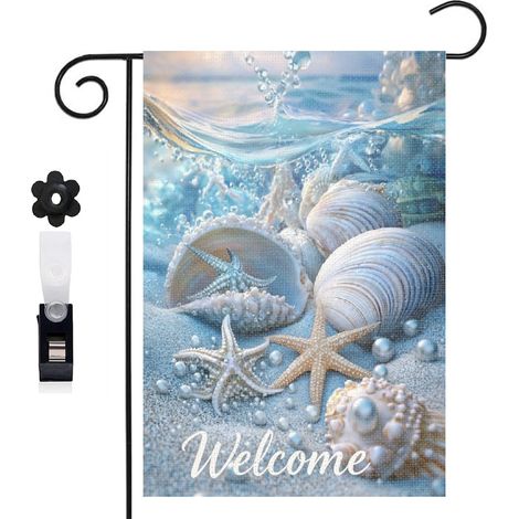 Drapeau de jardin décoratif 30 x 45 cm motif coquillages et perles style océan toile double face (1/5)