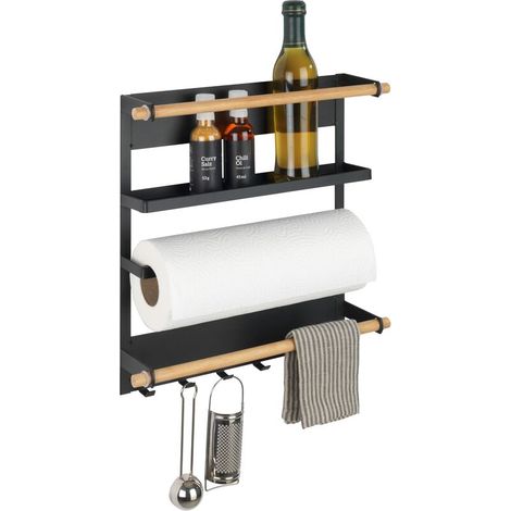Étagère magnétique pour réfrigérateur, porte-épices, distributeur magnétique d'essuie-tout, crochets pour suspendre les ustensiles de cuisine, métal et bambou, 27,5 x 34 x 6 cm, noir (1/5)
