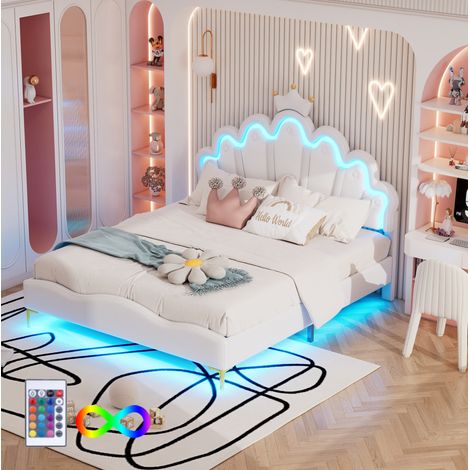 Polsterbett 140/200 cm weiß aus PU-Kunstleder mit LED-Beleuchtung und Kronenkopfteil (1/5)