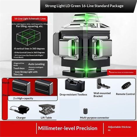 Niveau laser professionnel 4D, 8/12/16 lignes, lignes laser vertes ultra-puissantes, télécommande, mode impulsion, adapté au travail du bois (16 lignes). (1/4)